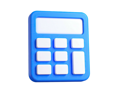3D rendered blue calculator with white buttons and display, set against black