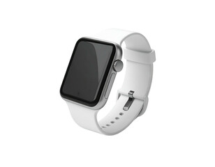 Modern smartwatch with white strap on a black background, sleek design and display