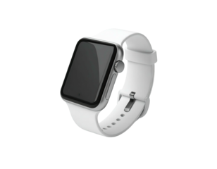 Modern smartwatch with white strap on a black background, sleek design and display