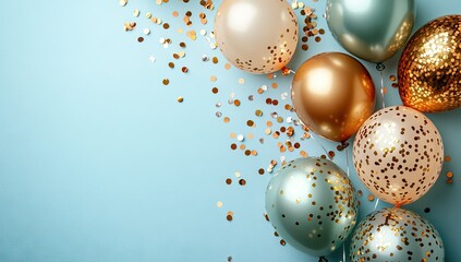 Balloons, confetti; festive arrangement on a light blue background