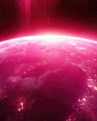 Pink planet glows, city lights twinkle in dark space above
