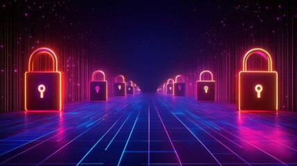 Digital security system with glowing locks and data streams