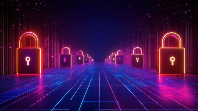 Digital security system with glowing locks and data streams - Powered by Adobe