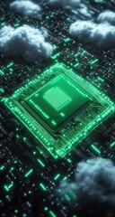 Glowing chip on circuit board with fluffy cloud elements