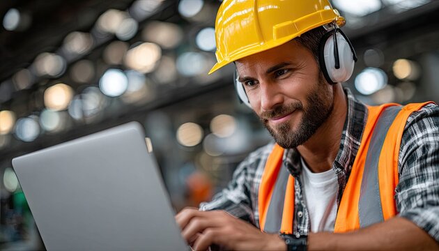 an industrial worker wearing a high-visibility vest and hard hat is working on a production line at a factory