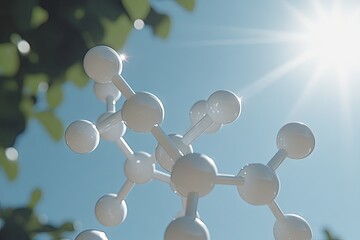 Molecule model against bright sky & foliage backdrop