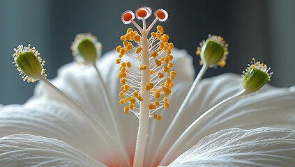 White hibiscus closeup pistil, stamens, blurred petals