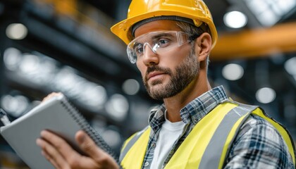 an industrial worker wearing a high-visibility vest and hard hat is working on a production line at a factory