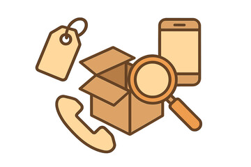 Online shopping and customer service with delivery box, smartphone, and search tools