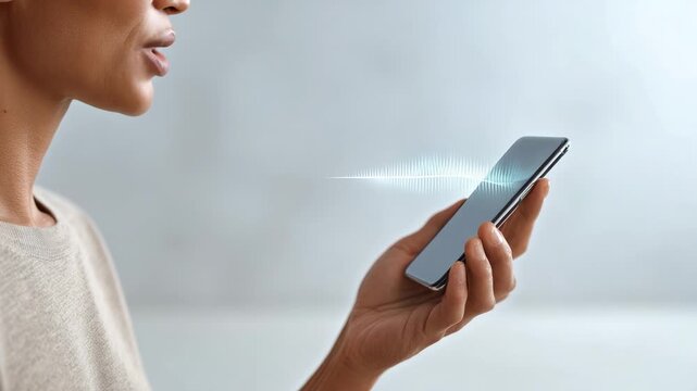 Close up of a woman interacting with a voice assistant on her smartphone, visualized by sound waves emanating from her mouth towards the device, suggesting the use of artificial intelligence