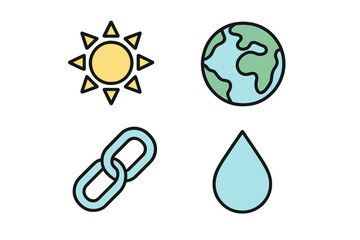 Collection of sun, earth, chain link, and water drop icons representing nature and connection