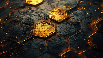 Honeycomb pattern; gold and dark textured, orange specks