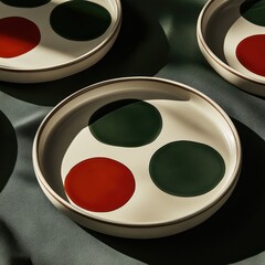 Plates with green & red circles on beige, casting shadows