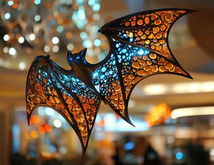 Ornate bat sculpture with glowing blue/orange wings