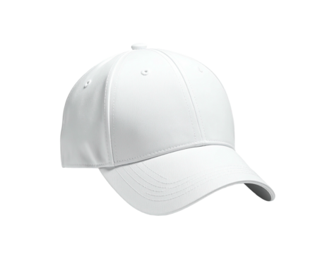 A clean white baseball cap, rendered realistically against a dark background