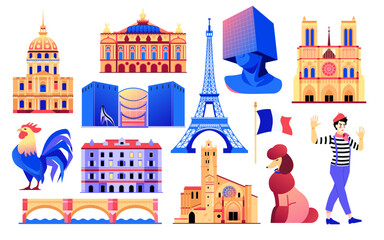 French landmarks and symbols - set of flat design style objects