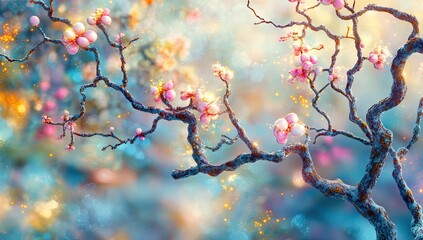 Blossom tree, bokeh. Serene, ethereal, and colorful scene