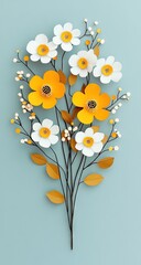 Paper flowers, white & yellow, with delicate berries on blue