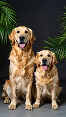 Two golden retrievers sit, smiling, in front of palm leaves