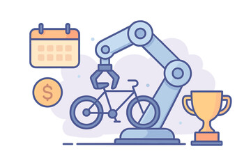 Robotic arm assembling a bicycle with calendar, money, and trophy symbols