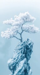 Bonsai on rock, ethereal, blue monochrome, serene landscape