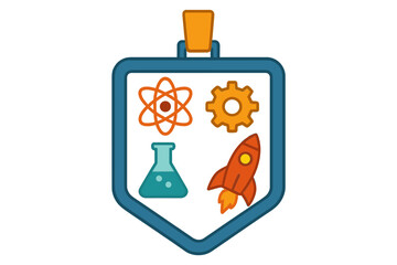 Science technology engineering mathematics education concept emblem with atom gear flask rocket symbols
