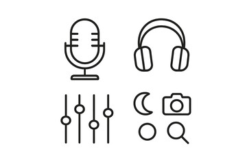 Modern minimalist line icons for sound, photography, and user interface controls
