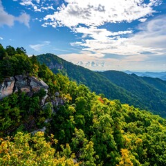 Lush green mountain vista under a blue sky