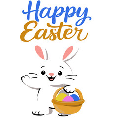Cute Easter bunny waving with a smile while holding a basket of colorful eggs, with “Happy Easter” text in festive fonts above.