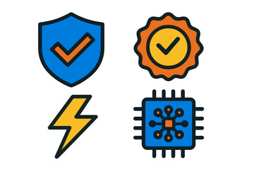 Essential digital concept symbols including security, quality, power, and processor