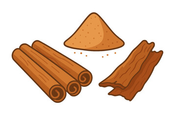 Aromatic cinnamon spice in various forms including sticks, ground powder, and bark