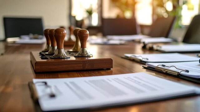 Corporate Governance Documents and Stamp Tools in Boardroom Setting for legal processes and