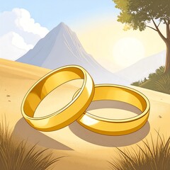 Two golden rings on sand, mountain backdrop