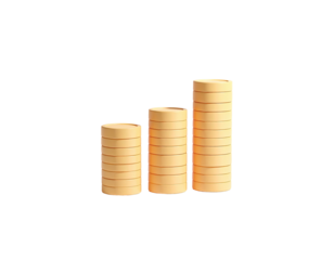Three stacks of light orange coins, rising in height, on a black background