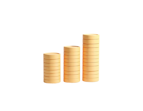 Three stacks of light orange coins, rising in height, on a black background