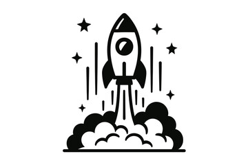 Stylized rocket launching into space with stars and smoke plumes representing progress and innovation
