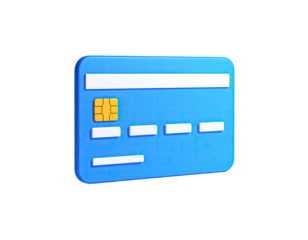 Blue 3D credit card rendering, showcasing chip and security features on black