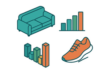 Modern isometric sofa, business data graphs, and fitness running sneaker set
