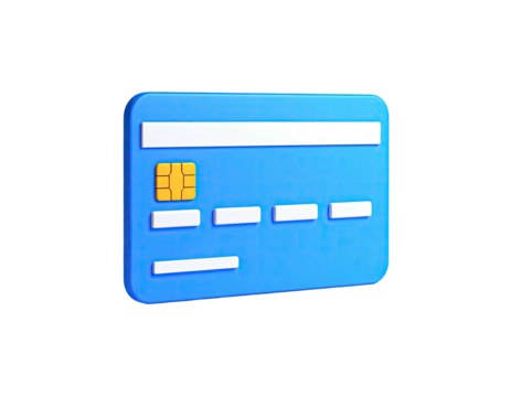 Blue 3D credit card rendering, showcasing chip and security features on black