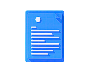 A 3D rendered, blue, document icon with lines of text on a black background