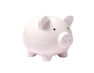 A pink ceramic piggy bank, side view, isolated against a black background