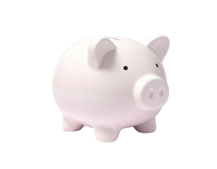 A pink ceramic piggy bank, side view, isolated against a black background
