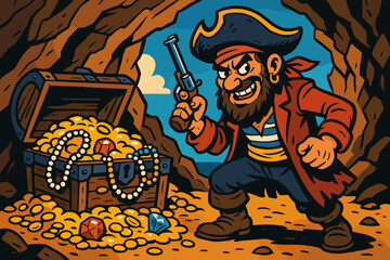 Treasure jewels sneaky pistol illustration overflowing guarded vector chest pirate
