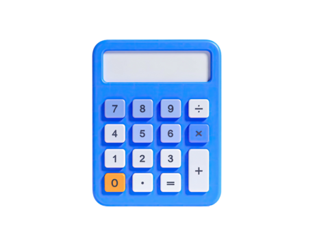 A vibrant, isolated blue calculator with white buttons on a black background