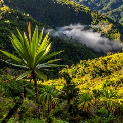 Lush mountain valley with tropical plants & fog