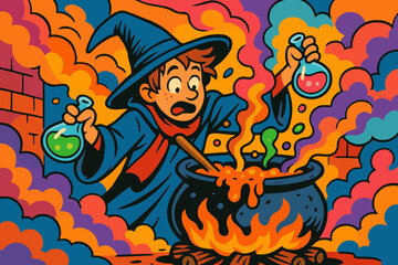 Potions filling bubbling vector room clumsily illustration mixing wizard clumsy fumes apprentice