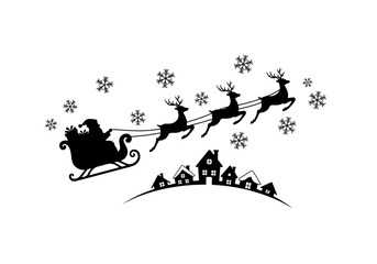 Obraz premium Santa Claus flying in sleigh with reindeer over snowy village isolated on transparent background, for engraving, embossing, printing, graphics 