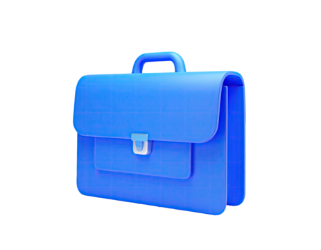 A bright blue 3D rendered briefcase, angled slightly, against a stark black backdrop