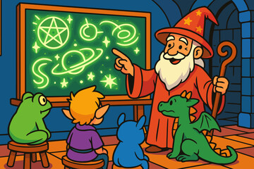 Magical vector classroom illustration wizard glowing group creatures enchanted diagrams teaching