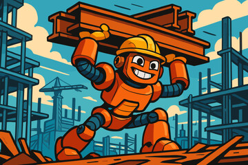 Futuristic smiling illustration beams vector construction building site robot lifting